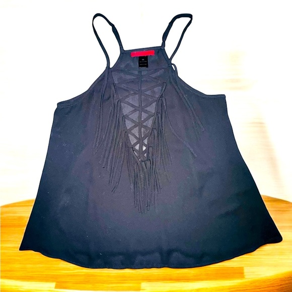 Buckle BKE Red Women's Black Fringe Open Front Chiffon Tank Top, Size XS EUC - Picture 1 of 5
